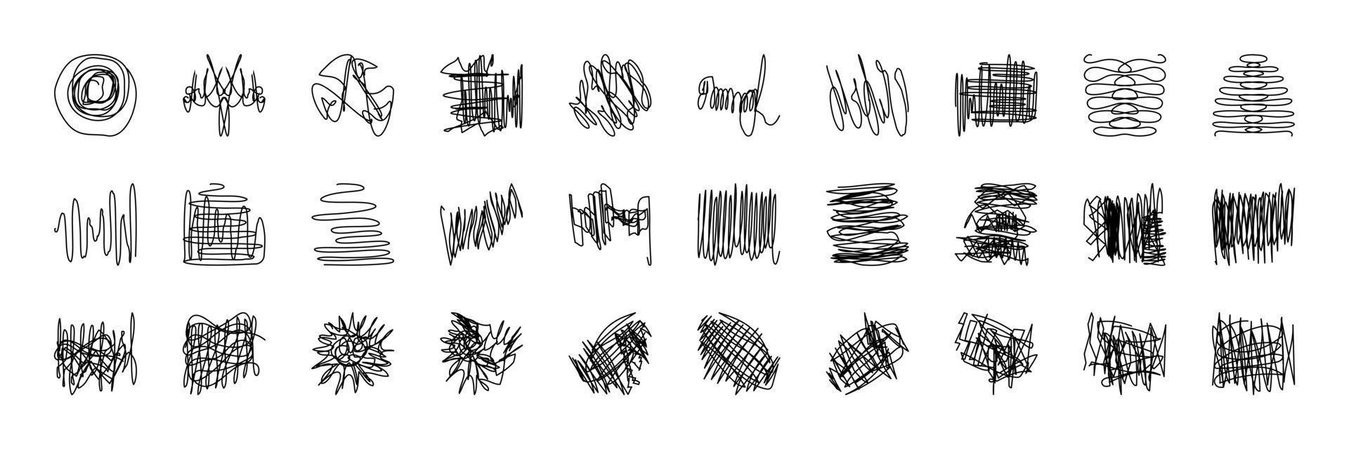 Big set different scribbles, sketch pencil, confusing process path, messy line, hand drawn patterns, isolated vector