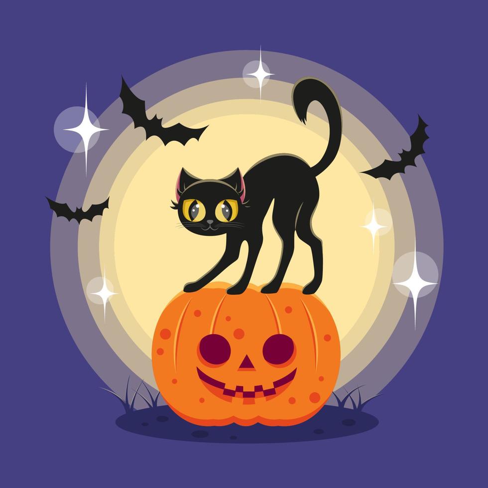 vector illustration for halloween black cat stands on a pumpkin