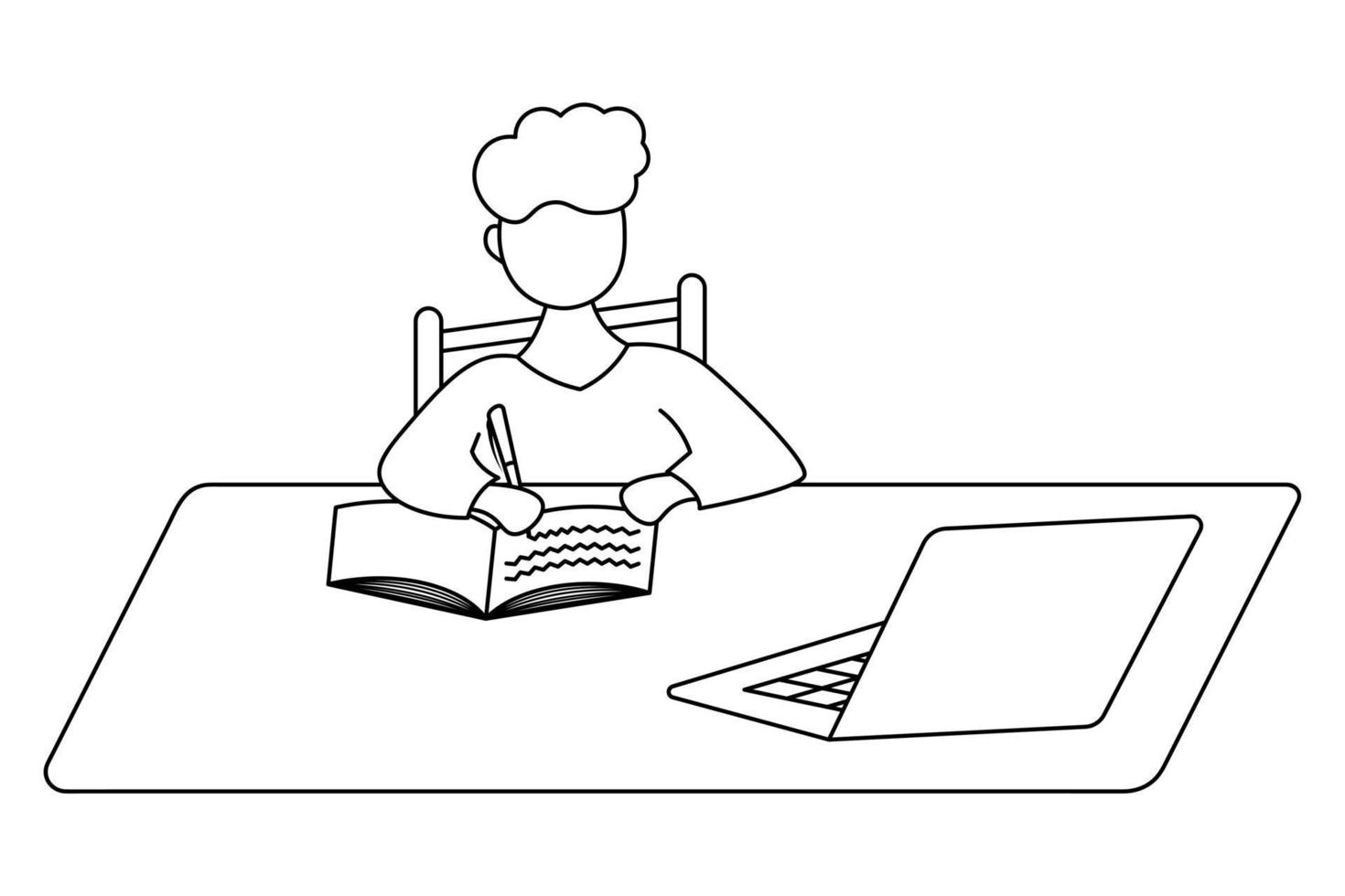 el colegial hace la tarea usando una computadora portátil. bosquejo. el niño se sienta a la mesa y escribe en un cuaderno con un bolígrafo. ilustración vectorial libro para colorear para niños. estilo garabato. vector