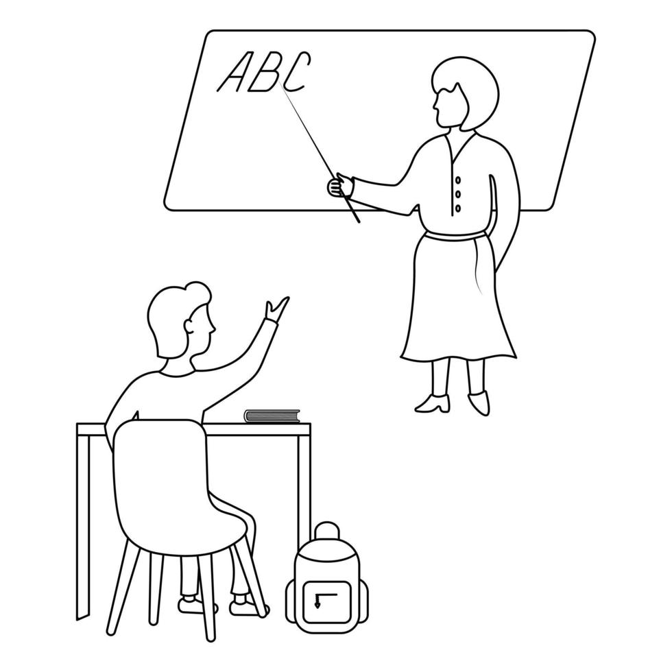 A schoolboy raises his hand to answer the teacher's question. Sketch. A woman points with a pointer at the letters ABC written on the blackboard. Next to the boy is a textbook and a briefcase. vector