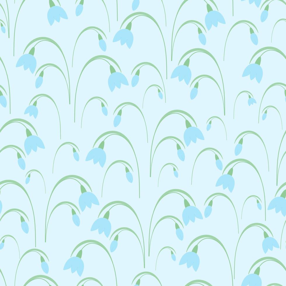 Snowdrops. Spring bouquet. Blue buds. Seamless vector pattern. Isolated blue background. Endless summer ornament of delicate plants with green leaves. Flat style. Delicate floral background