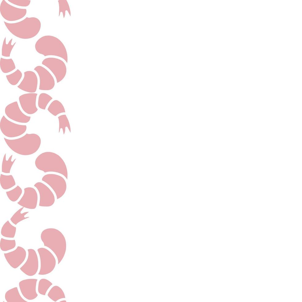 Shrimp. Seamless vertical border. Repeating vector pattern. Pink seafood. Shrimp tail. Isolated colorless background. Endless ornament. Flat style.
