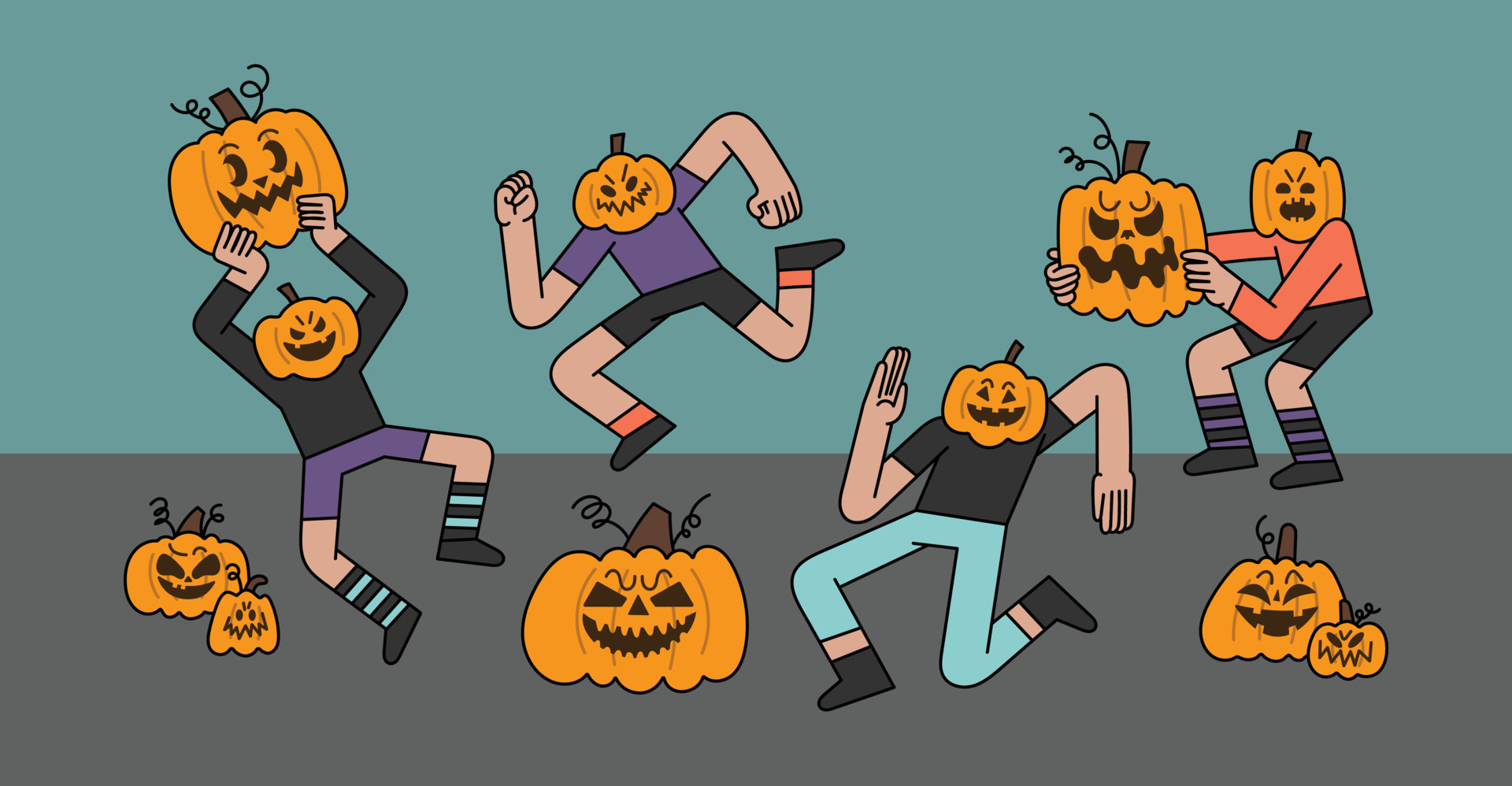 Pumpkin Head Kids Playing Together Hand Drawn Character Illustration
