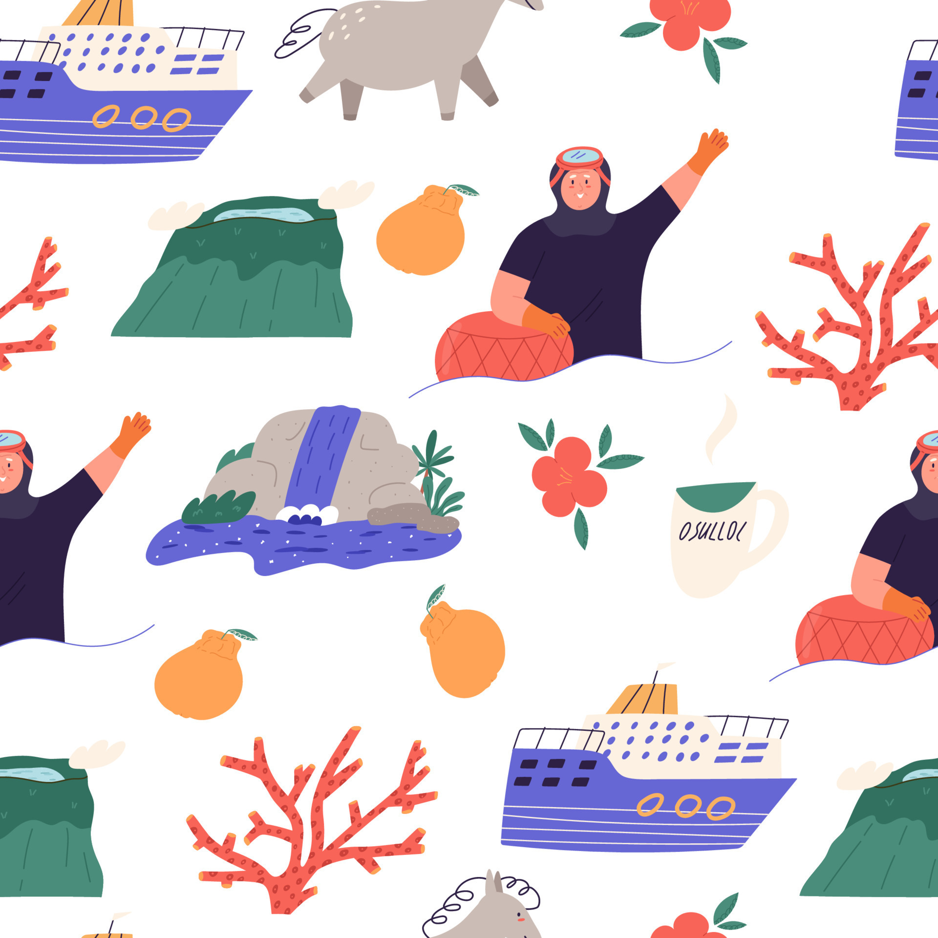 Jeju island landmarks seamless pattern. cartoon flat vector illustration on white background. Hallasan mountain, Haenyeo sea woman, coral reef, ship, horse and tangerine. 11895665 Vector Art at Vecteezy Jeju island landmarks seamless pattern. cartoon flat vector illustration on white background. Hallasan mountain, Haenyeo sea woman, coral reef, ship, horse and tangerine. 11895665 Vector Art at Vecteezy