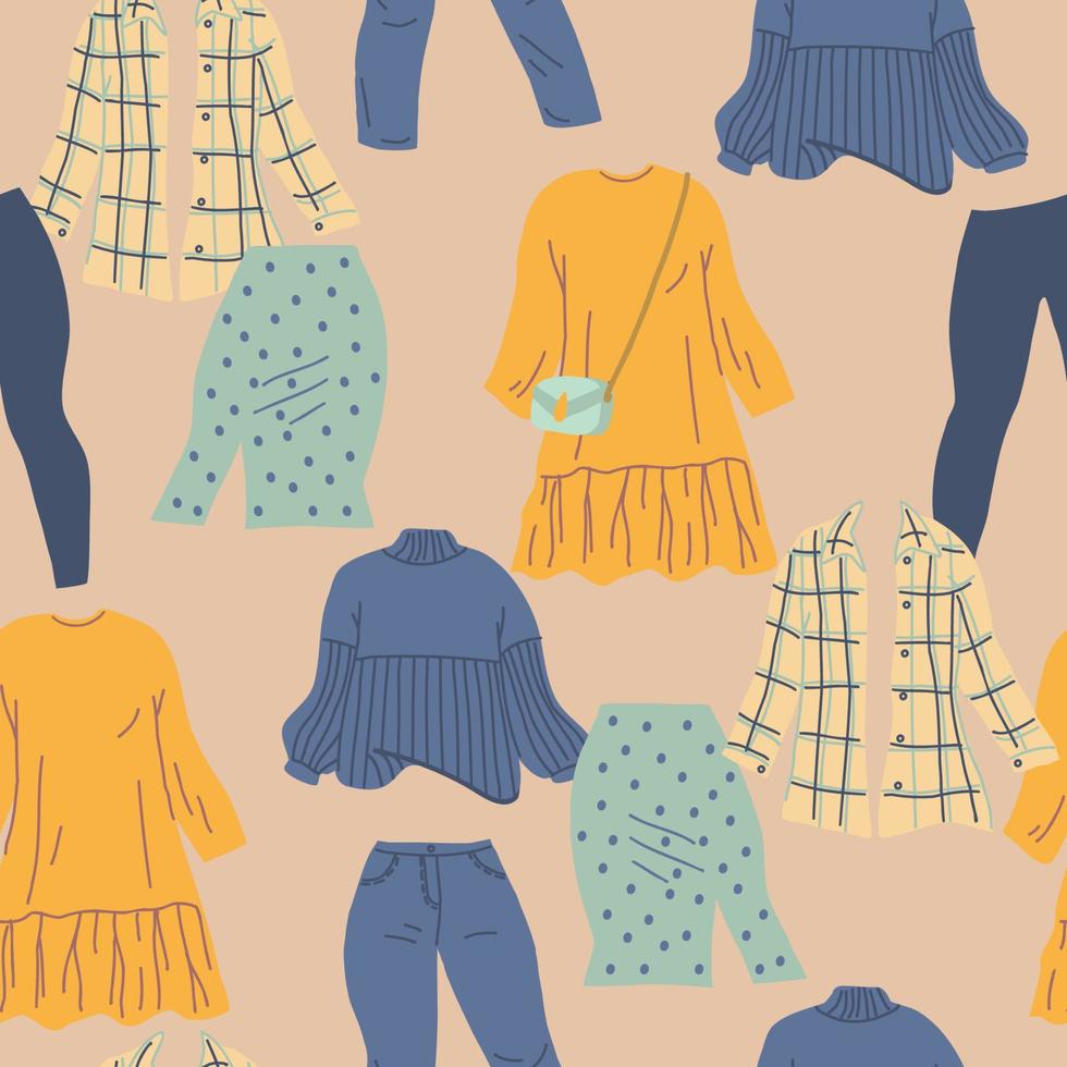 Fall garments seamless pattern. Clothes decorative background. Hand drawn vector illustration