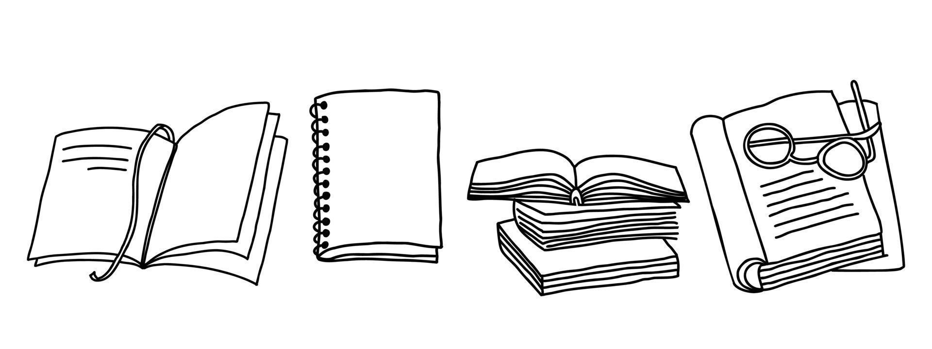 Reading aesthetic set. Stack of books, textbook, notebook line art vector illustration