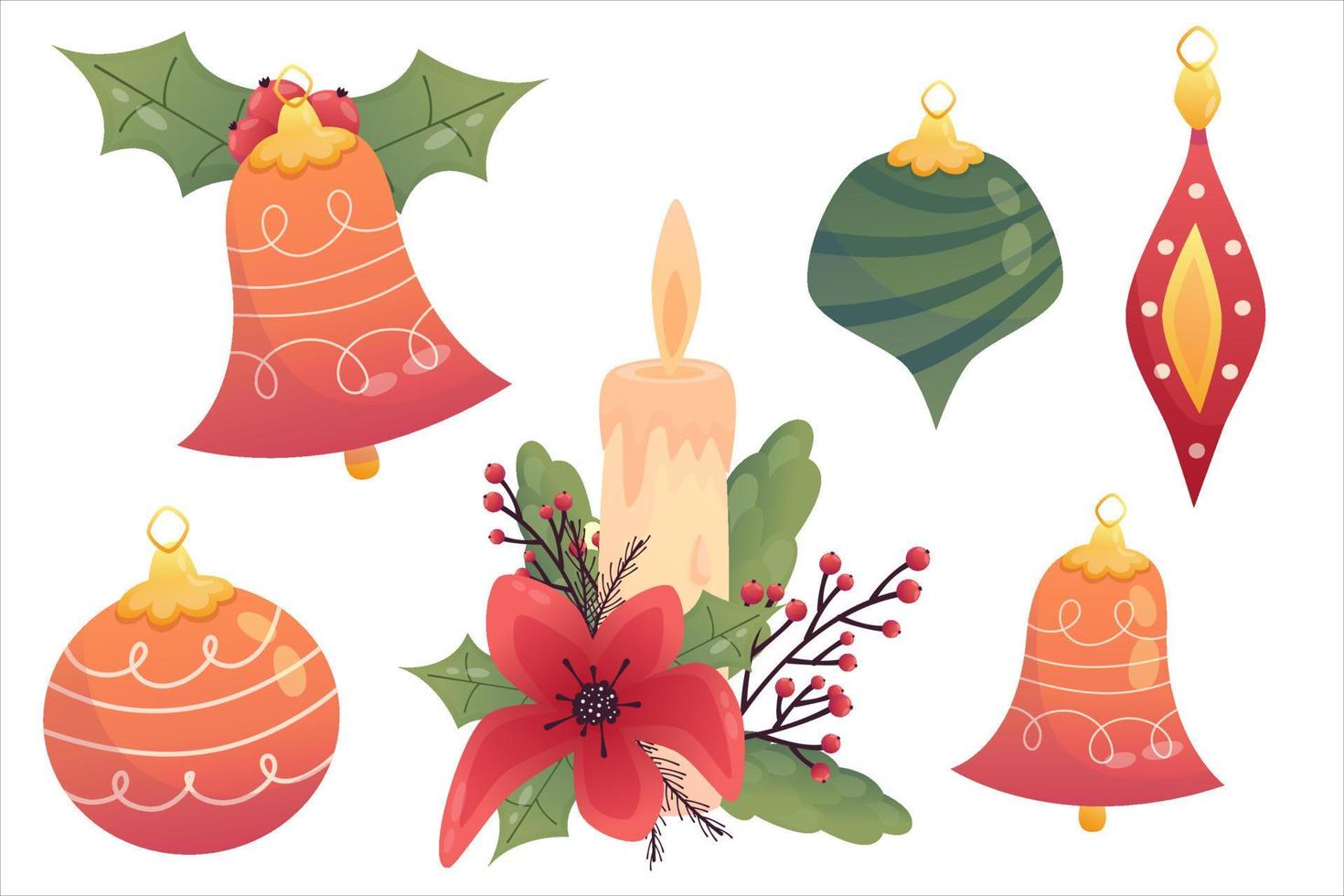 hygge acogedor juego navideño con juguetes, velas y campana de acebo. ilustración vectorial plana de dibujos animados. ilustración vectorial aislada. decoración navideña de vacaciones. elementos acogedores de navidad vector