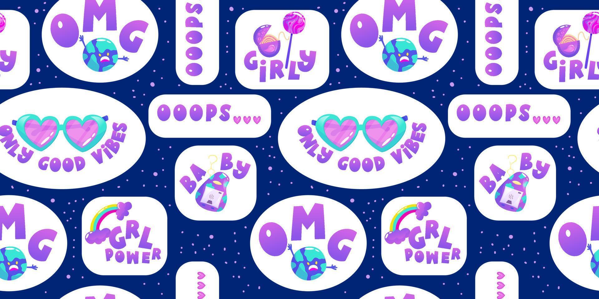 Retro Y2K sticker girly 90s seamless pattern. Funny neon cartoon vector illustration. Good vibes. Sticker with roller, glasses, rainbow on white. Hippie aesthetic patch.