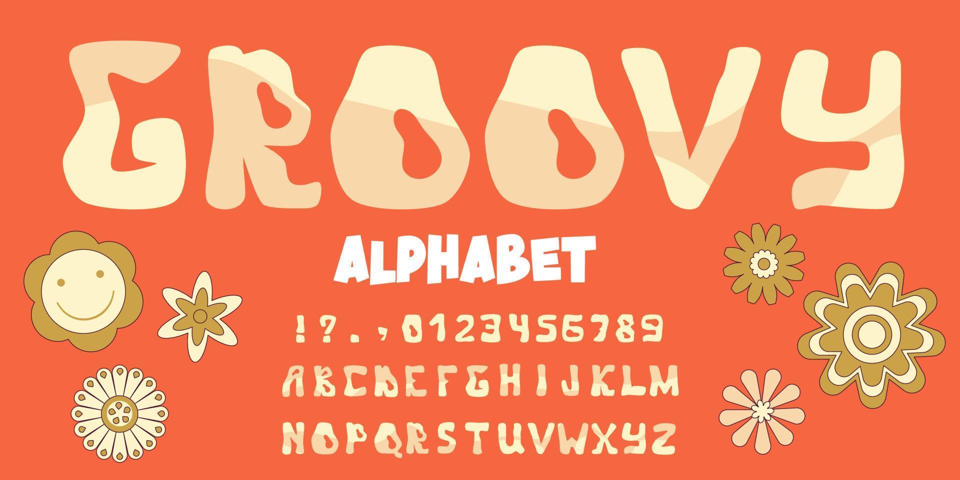 Groovy alphabet font in vintage hippy style. Retro 60s 70s psychedelic design alphabet. Vintage 70s wavy background. Psychedelic swirl groovy letters vector