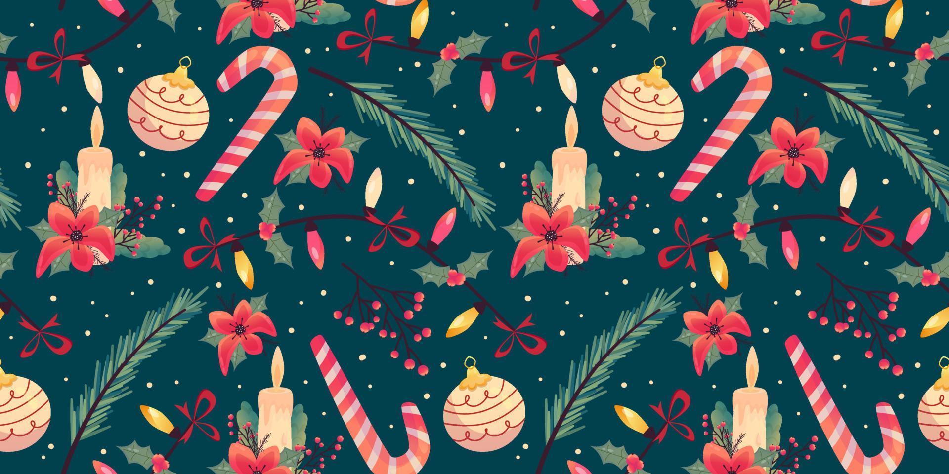 Christmas seamless pattern with candle, garland and poinsettia. Vector holiday ornament pattern. New year illustration. Abstract texture. Vector holiday illustration