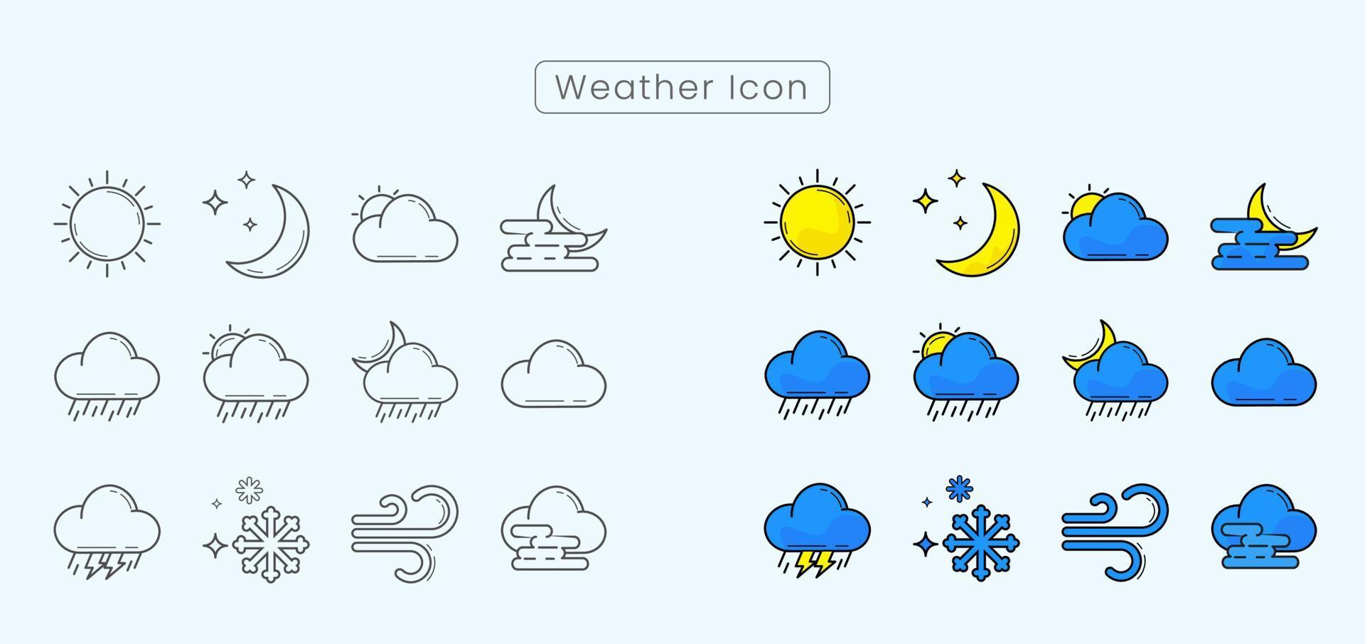 ilustración vectorial del paquete de iconos meteorológicos. paquete de iconos con diseño de contorno y sombra para su negocio. vector