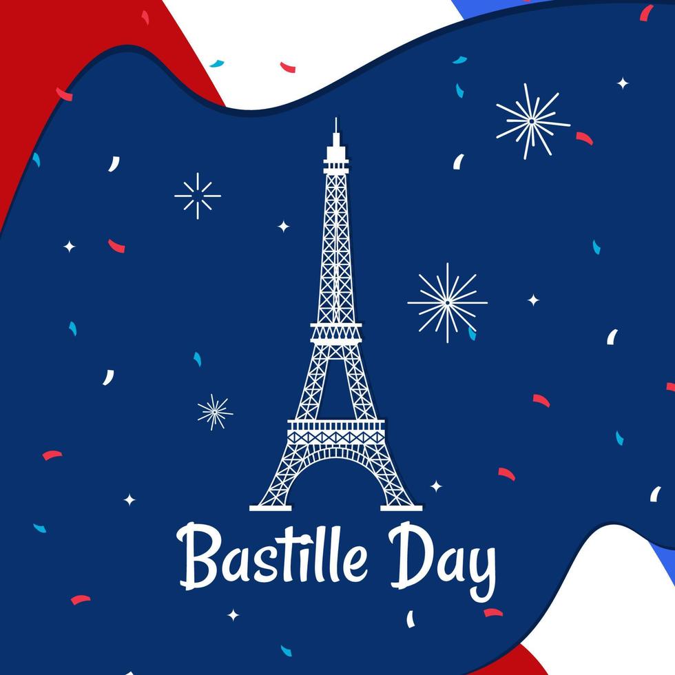 Flat bastille day illustration. Eiffel tower with fireworks and flag wave decoration vector