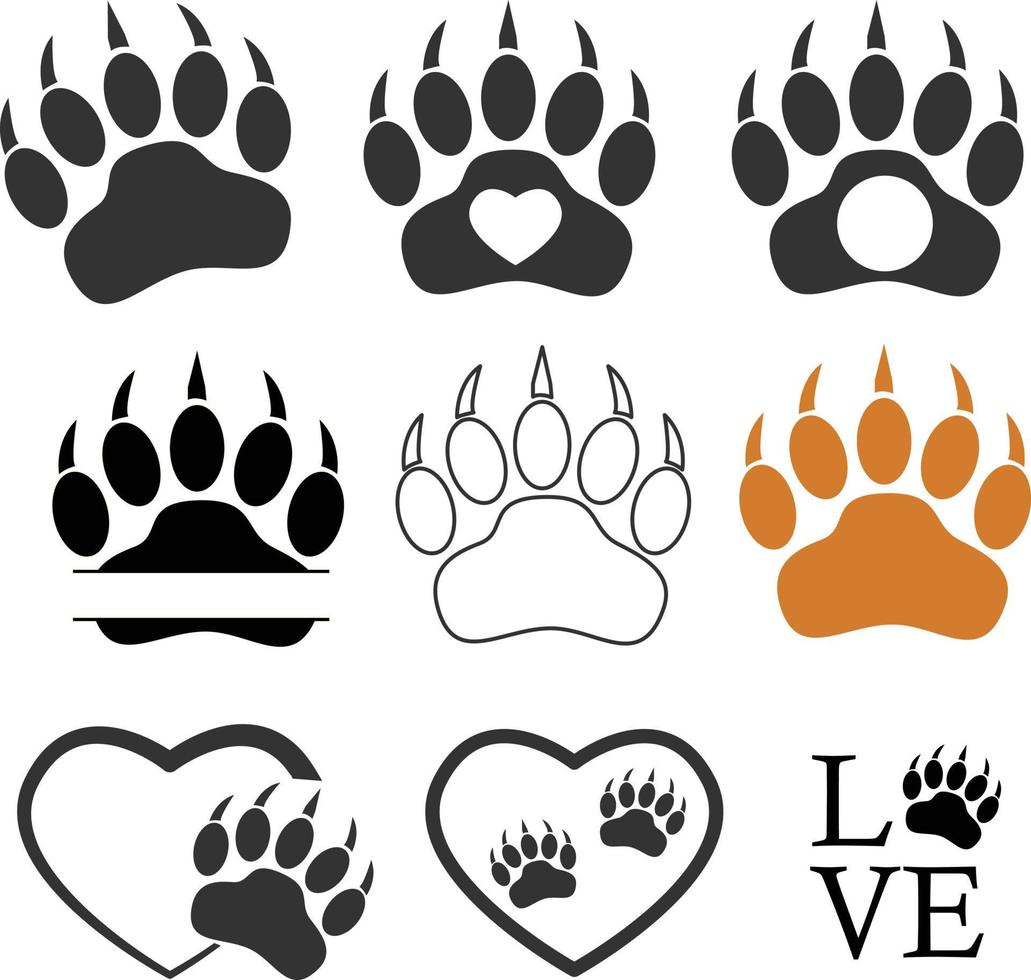 bear paw monogram icon. Pet paw print cat dog man friend sign. pet paw print with heart symbol. flat style. vector