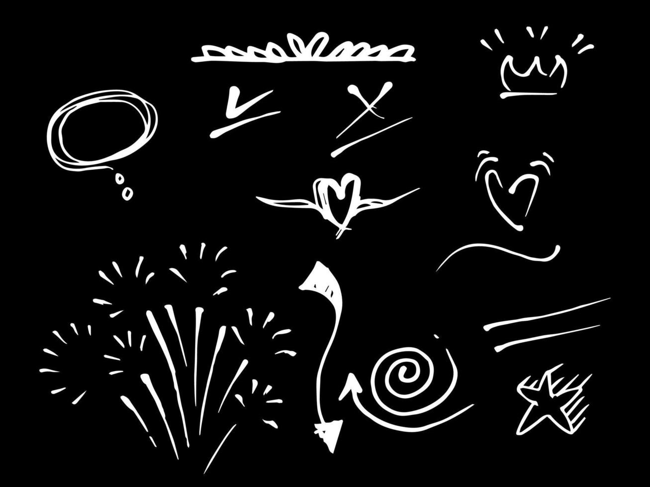 colección de garabatos vectoriales de elemento de diseño. silbidos rizados, swoops, remolino, flecha, corazón, amor, corona, flor, estrella, fuegos artificiales, texto resaltado y elemento de énfasis. utilizar para el diseño de concepto vector