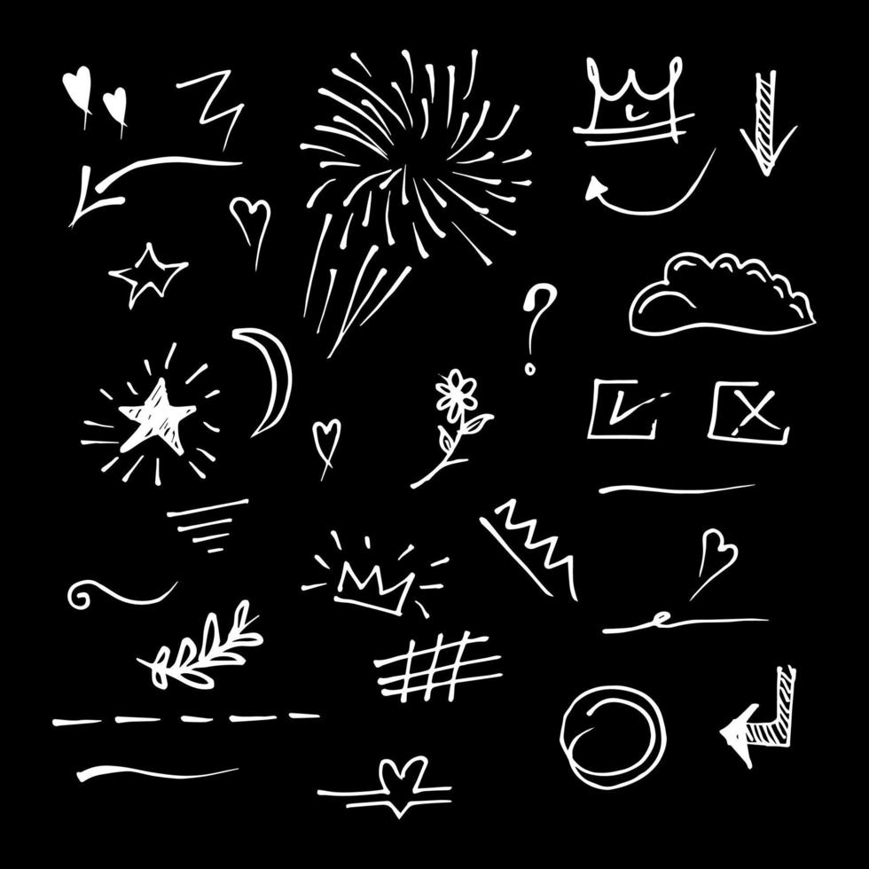 Vector hand drawn collection of design element. curly swishes, swoops, swirl, arrow, heart, love, crown, flower, star, starburst, firework, highlight text and emphasis element. use for concept design