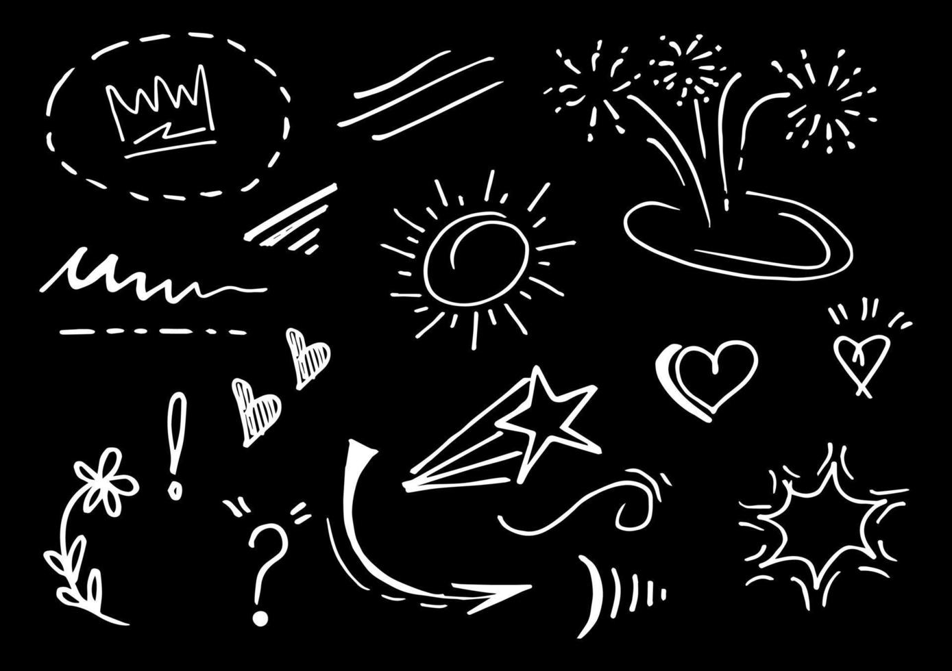 Vector doodle collection of design element. curly swishes, swoops, swirl, arrow, heart, love, crown, flower, star, firework, highlight text and emphasis element. use for concept design