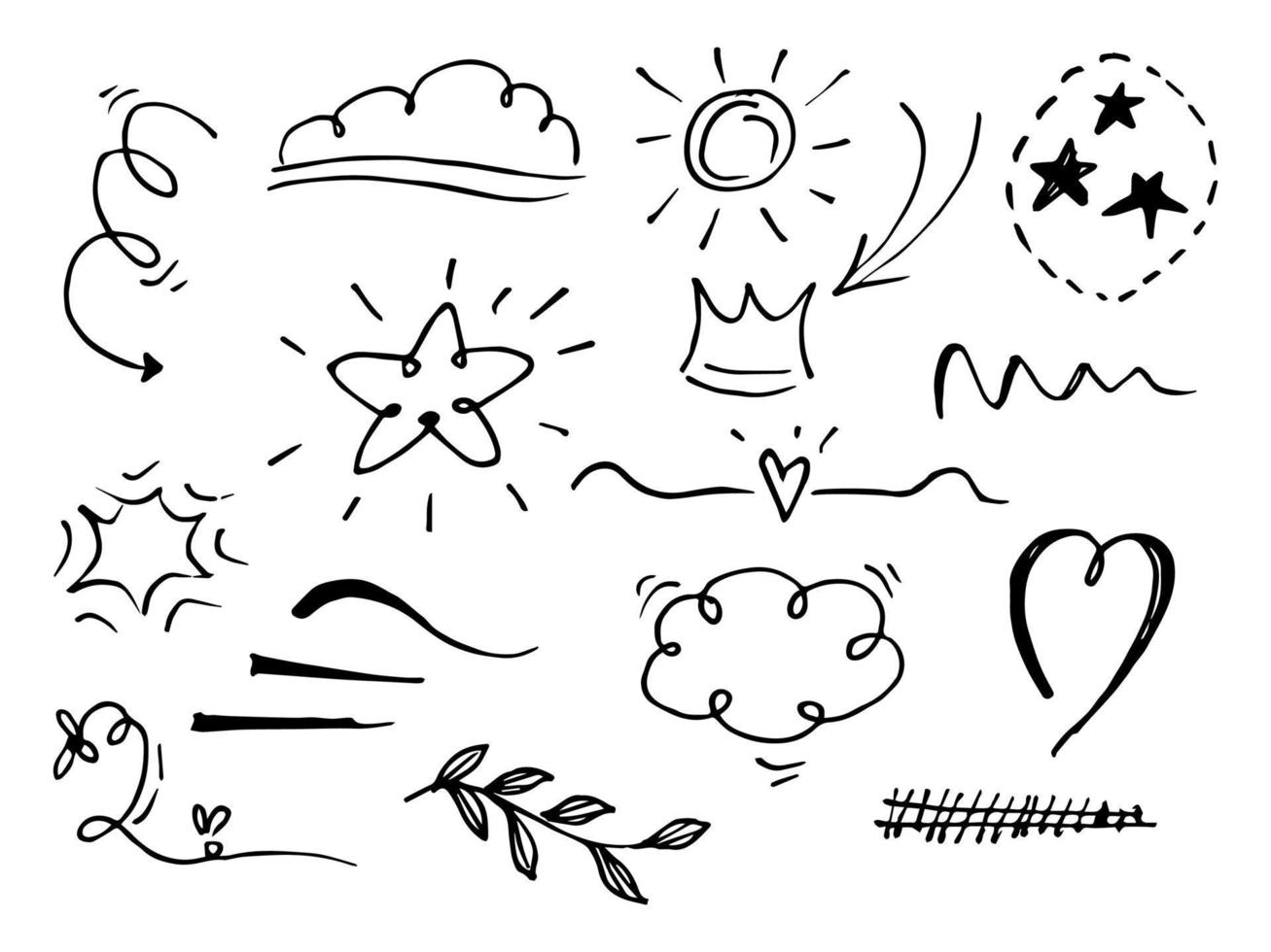 Vector hand drawn collection of design element. curly swishes, swoops, swirl, arrow, heart, love, crown, flower, star, starburst, firework, highlight text and emphasis element. use for concept design