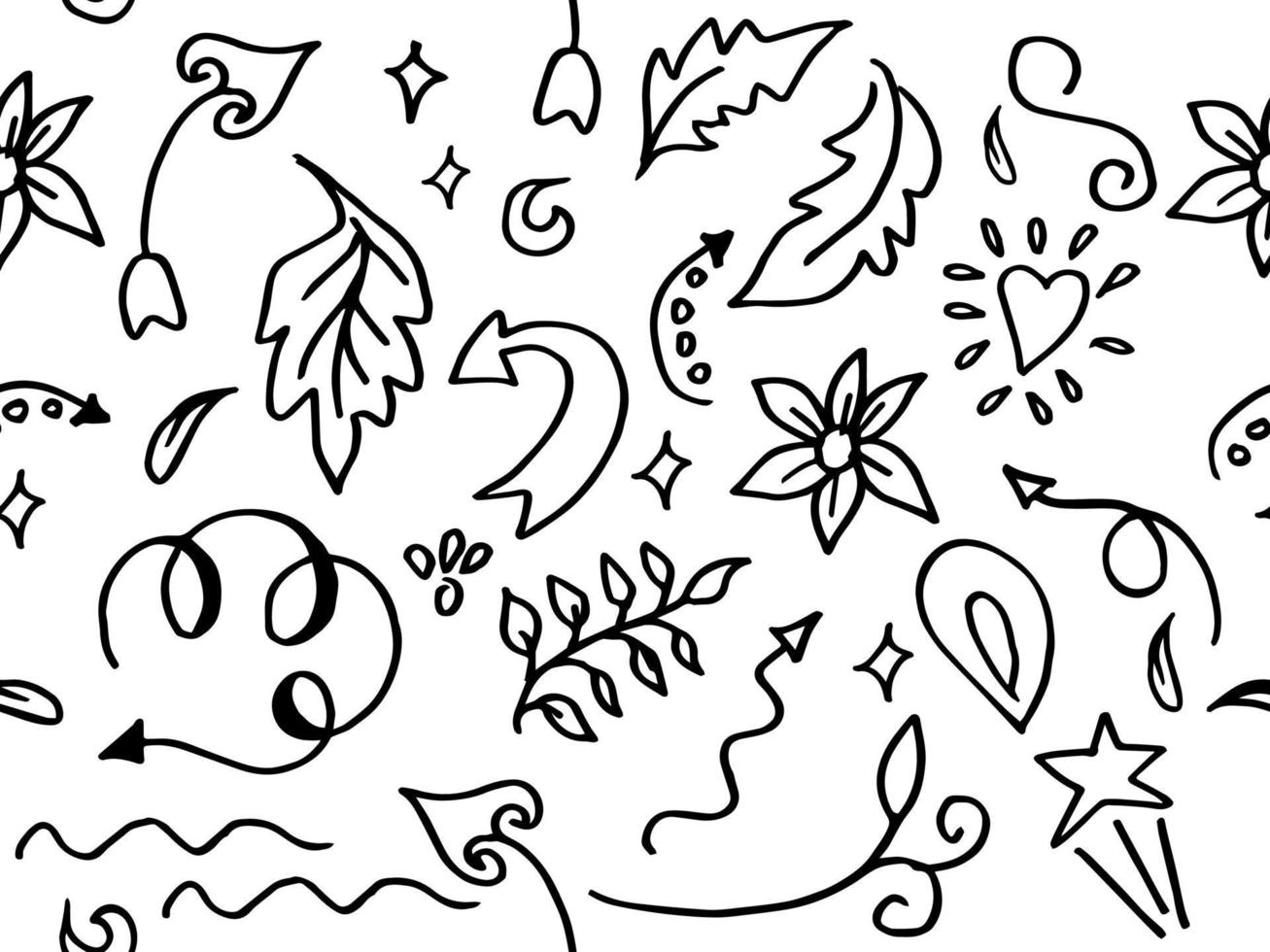 doodle seamless pattern with design element. abstract arrow. line. leaf, flower, star. love heart. curly swishes. and more. vector illustration