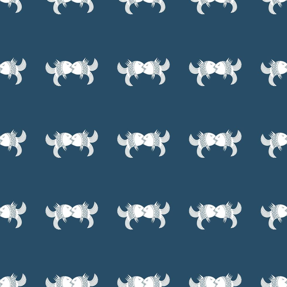 Seamless ornament for fabrics kissing fish on dark blue background vector