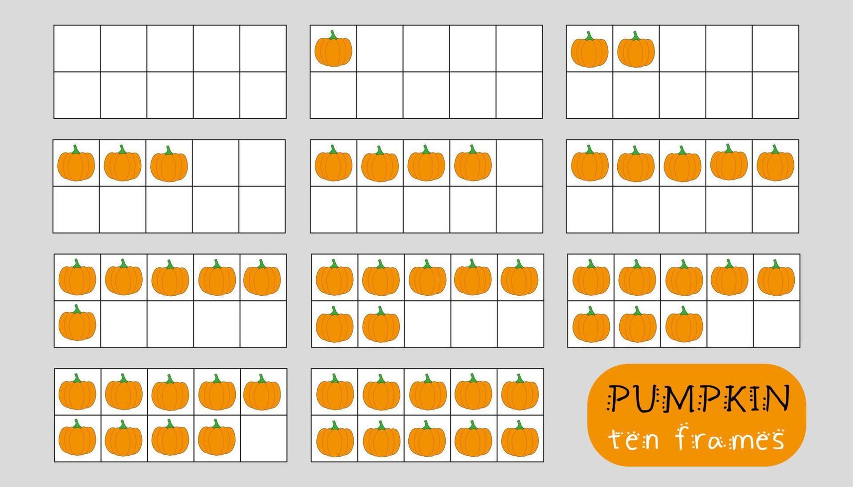 Pumpkin ten frames clipart to create games and kids worksheets. Counting practice for toddlers and preschool kids. Educational math resource vector