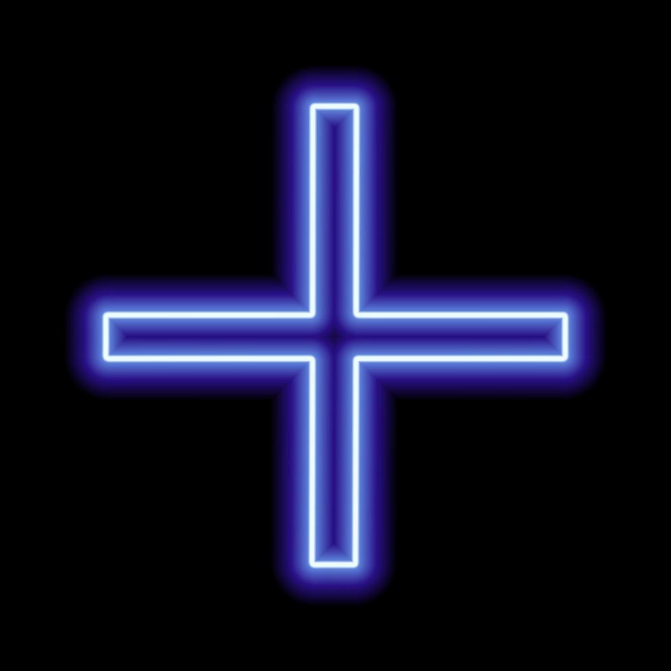 Blue neon cross on a black background. One object. Plus sign vector