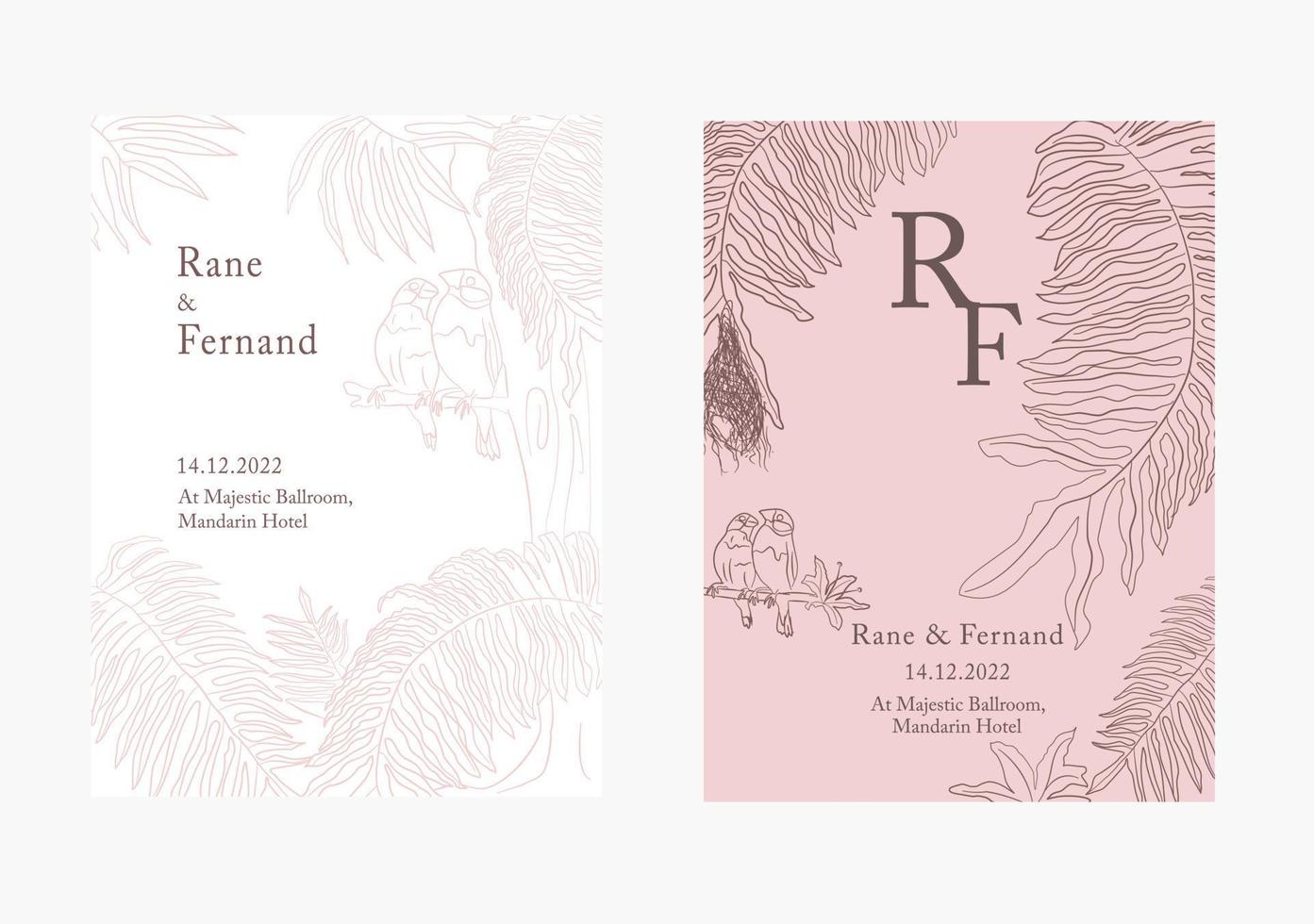set of Floral wedding invitation with forest theme in violet shade background vector