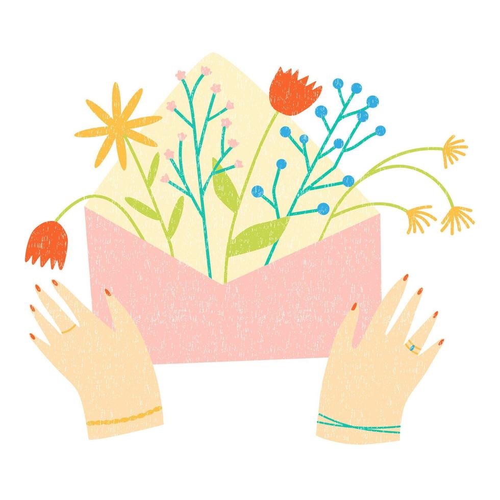 Female hands holding the envelope with flowers inside. Flat cartoon vector illustration for romantic or greeting card.