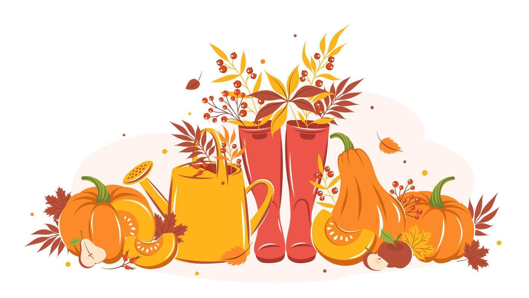 Holiday card with pumpkin, fruit, cute wellies boots, watering can and autumn leaves. Hello Autumn. Happy thanksgiving. Vector illustration