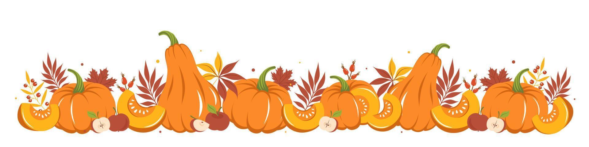 Harvest pumpkin and fruit with autumn colorful leaves. Happy thanksgiving. Vector illustration