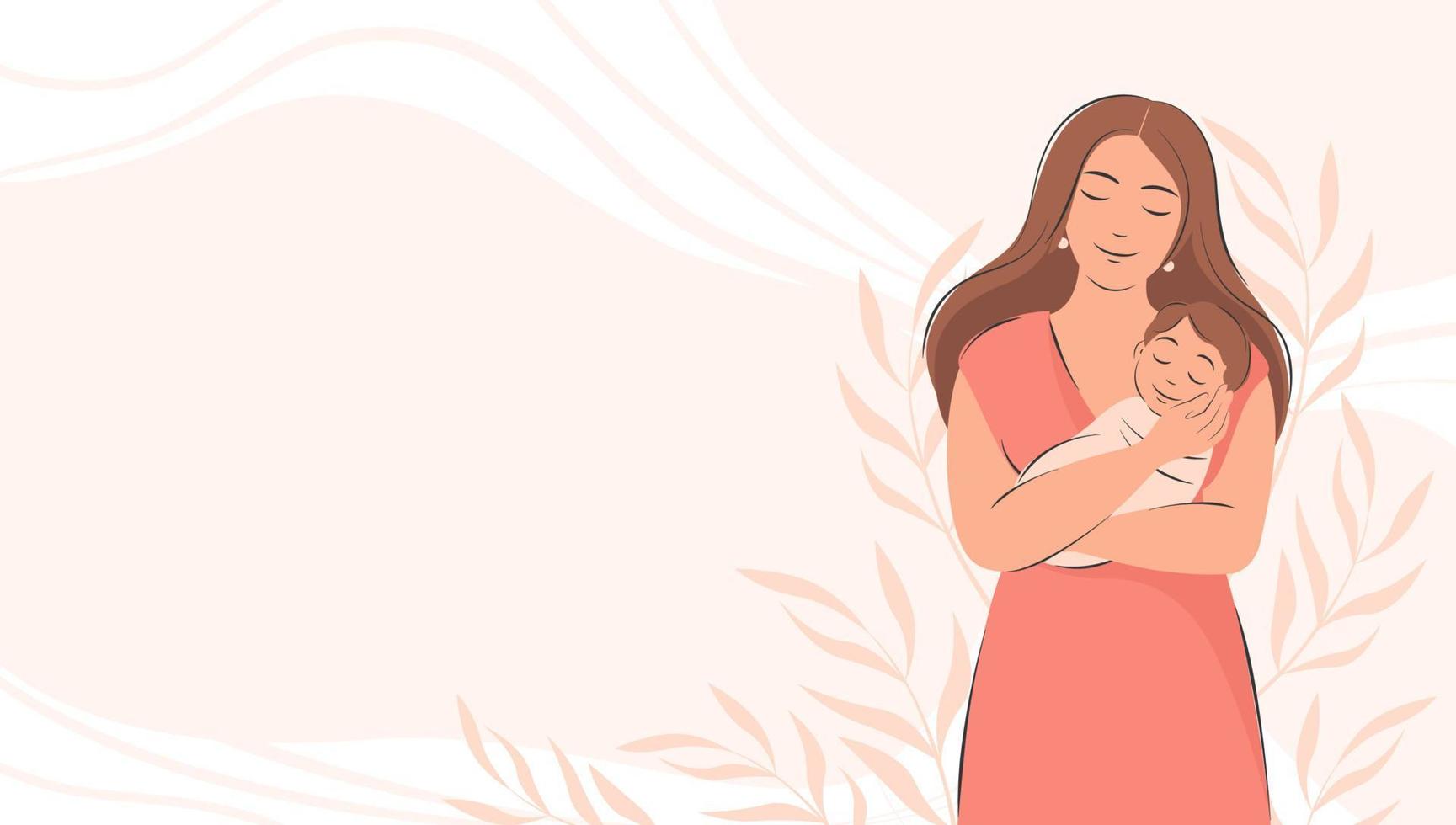 Banner about pregnancy and motherhood with place for text. Woman holding baby in her arms. Happy Mother's Day.  Flat vector illustration.