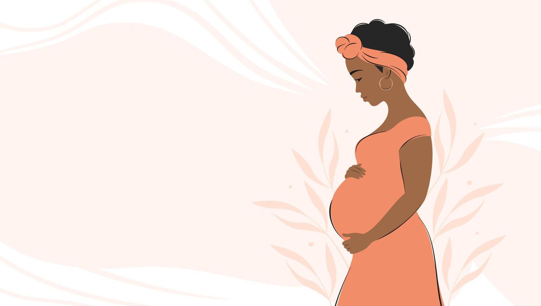 pancarta sobre el embarazo y la maternidad con lugar para el texto. mujer africana embarazada, futura mamá abrazando el vientre con los brazos. ilustración vectorial vector