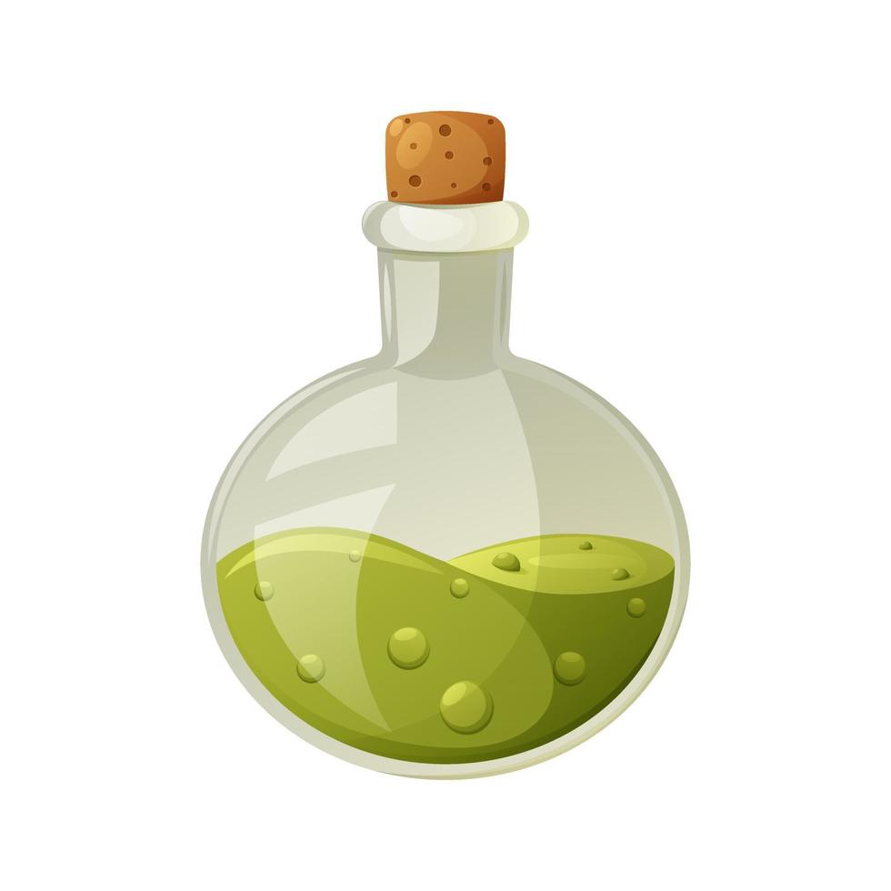 Green potion in a glass flask with bubbles. Item of a witch for love spell, poison. Cartoon vector illustration for halloween