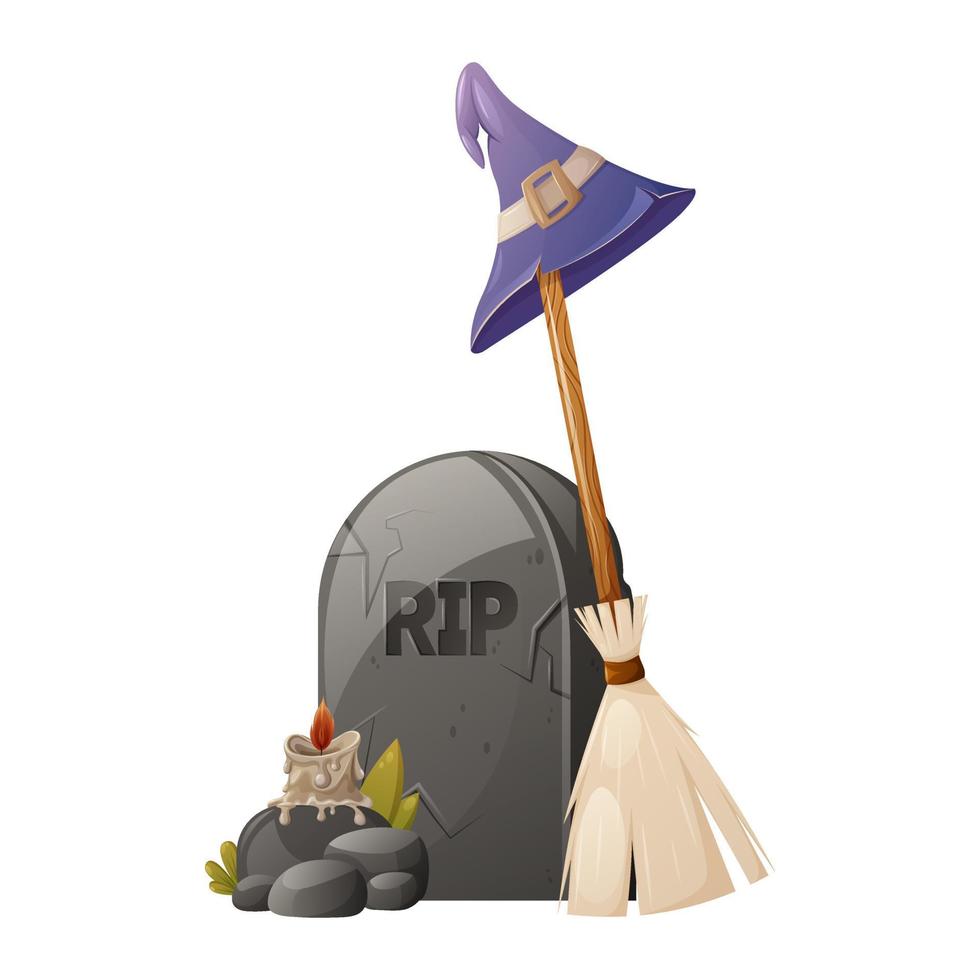 Tombstone with text RIP, broomstick with sorcery hat, burning candle on stones. The memory of the dead. Cartoon vector illustration for Halloween.