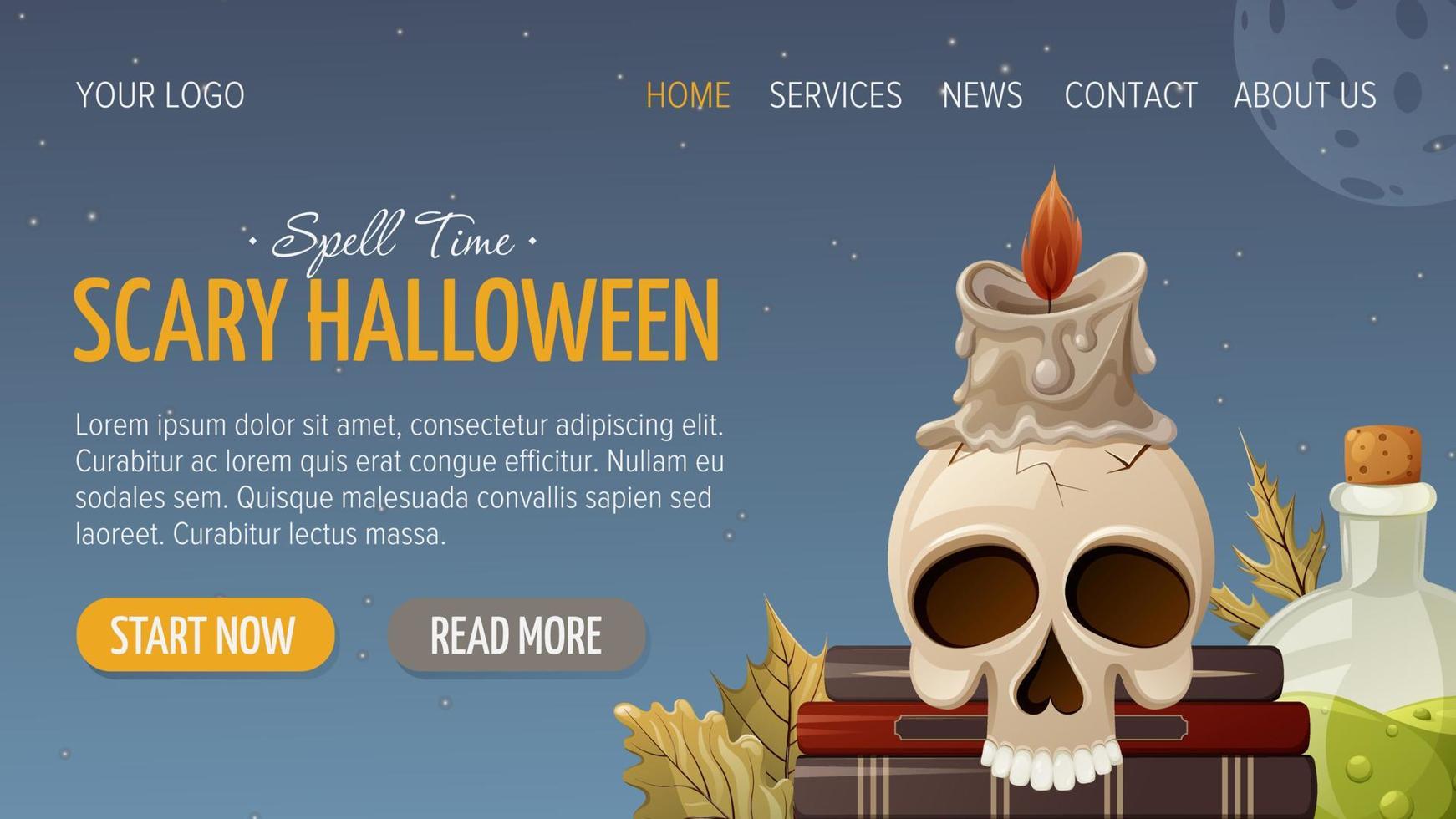 Skull without lower jaw with cracks on witch books. Burning wax candle. Potion in a glass flask. Happy Halloween. Horizontal template for website interface. Vector illustration. For store, sale
