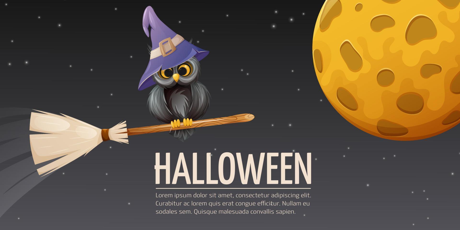Halloween night background. Owl in a sorcery hat on a broomstick and full moon.Vector horizontal illustration with space for text. For banner, poster, flyer, website interface vector