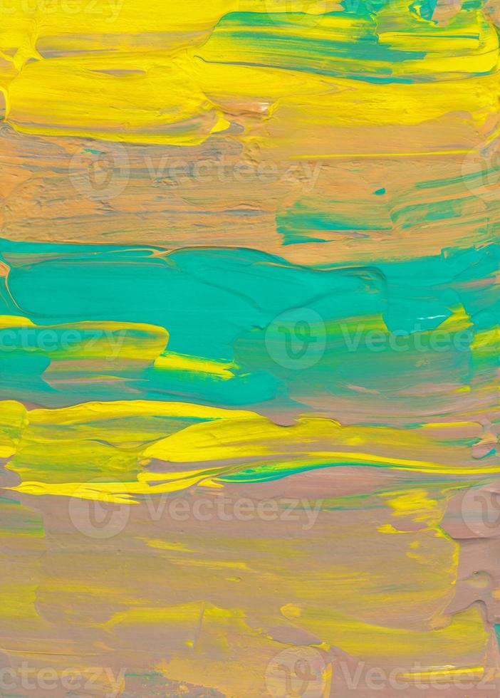 Abstract bright yellow, green, brown background. Textured brush strokes on paper. Minimalist oil