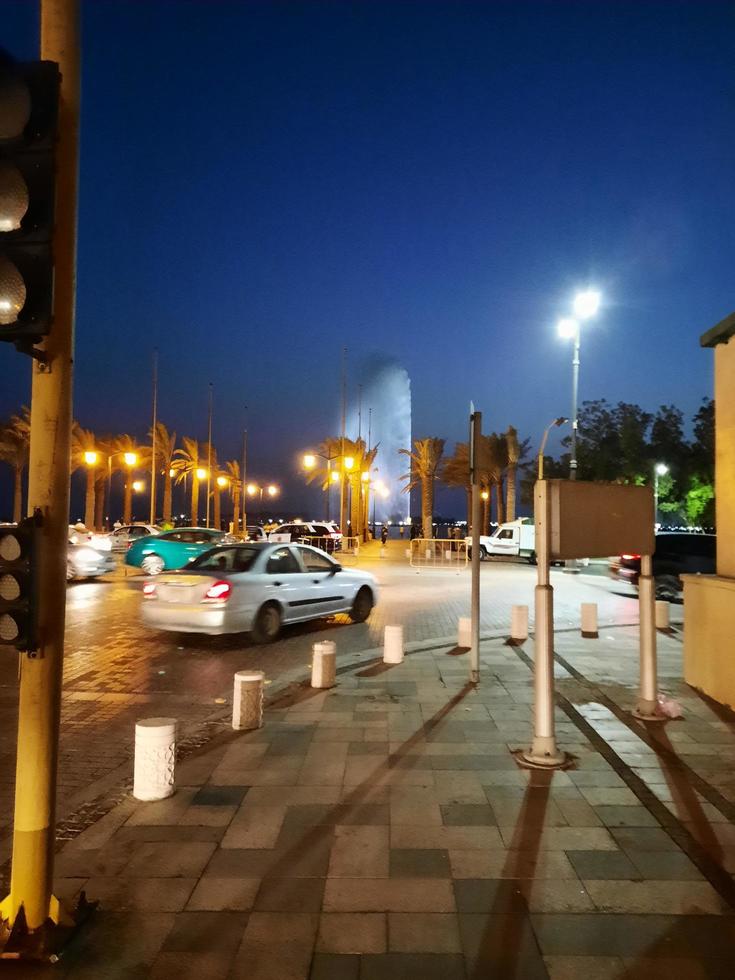 Jeddah, Saudi Arabia, Sep 2022 - Beautiful view of Jeddah Corniche and Jeddah Fountain at night. Jeddah Fountain is one of the tallest fountains in the world. photo