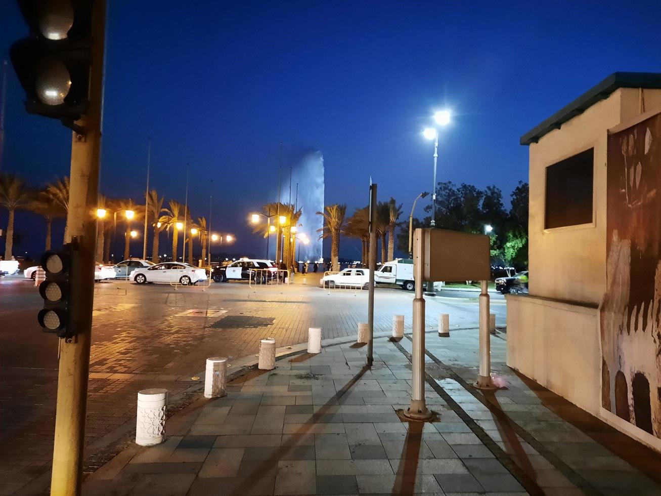 Jeddah, Saudi Arabia, Sep 2022 - Beautiful view of Jeddah Corniche and Jeddah Fountain at night. Jeddah Fountain is one of the tallest fountains in the world. photo