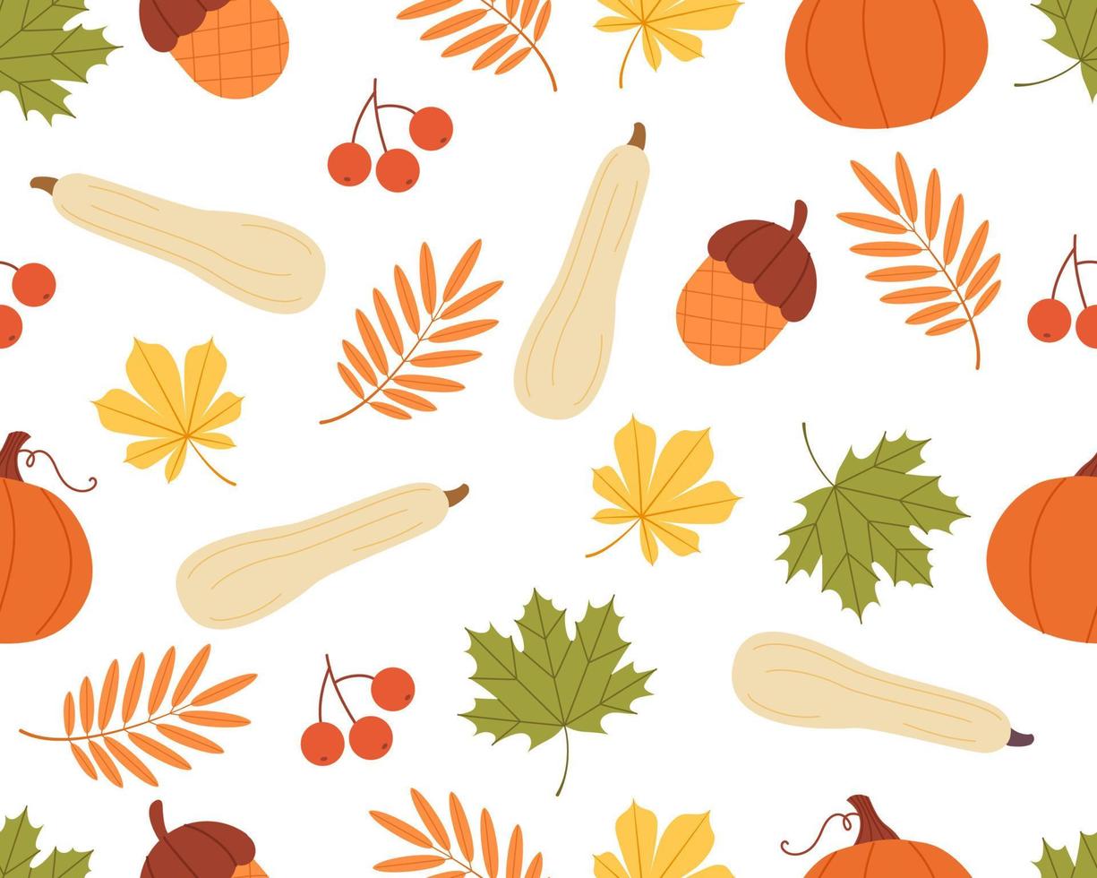 otoño de patrones sin fisuras con diferentes hojas, calabazas y bellotas. ilustración vectorial plana. vector