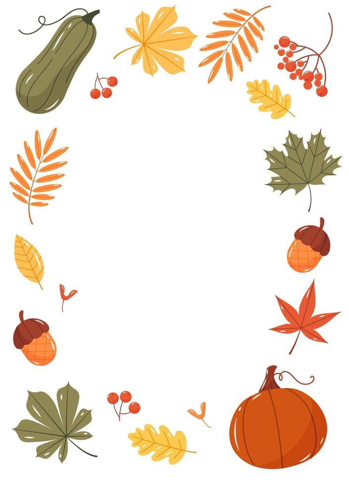Autumn frame with leaves, pumpkins and acorns. Flat vector illustration.