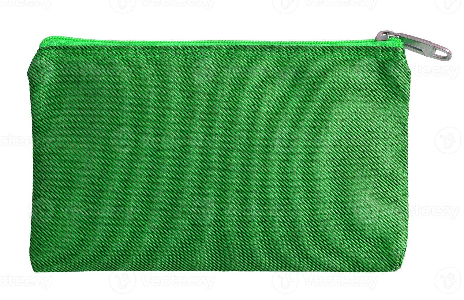 green fabric bag with zipper isolated on white with clipping path photo