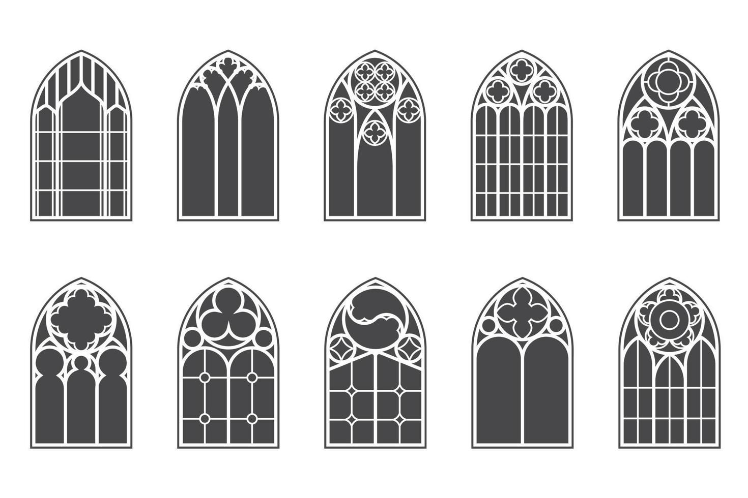 Church medieval windows set. Old gothic style architecture elements. Vector glyph illustration on white background.