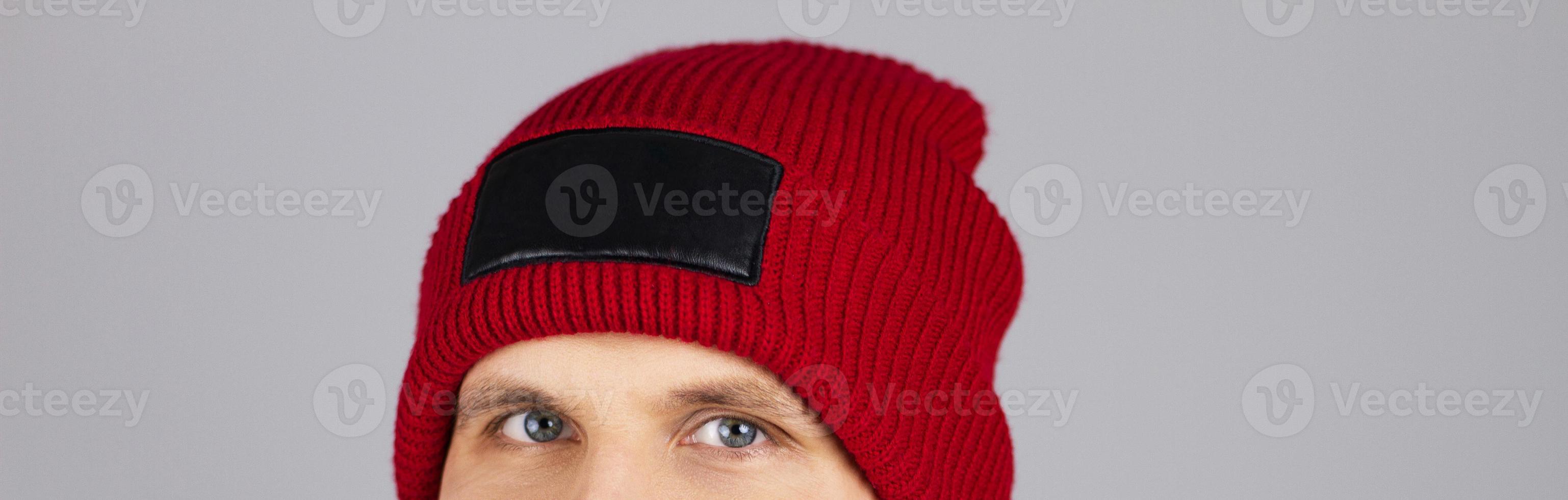 man in blank red winter hat isolated , mock up , copy space photo