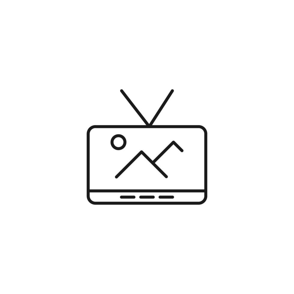 Television, tv set, tv show concept. Vector sign drawn in flat style. Suitable for sites, articles, books, apps. Editable stroke. Line icon of sun over mountains on tv screen