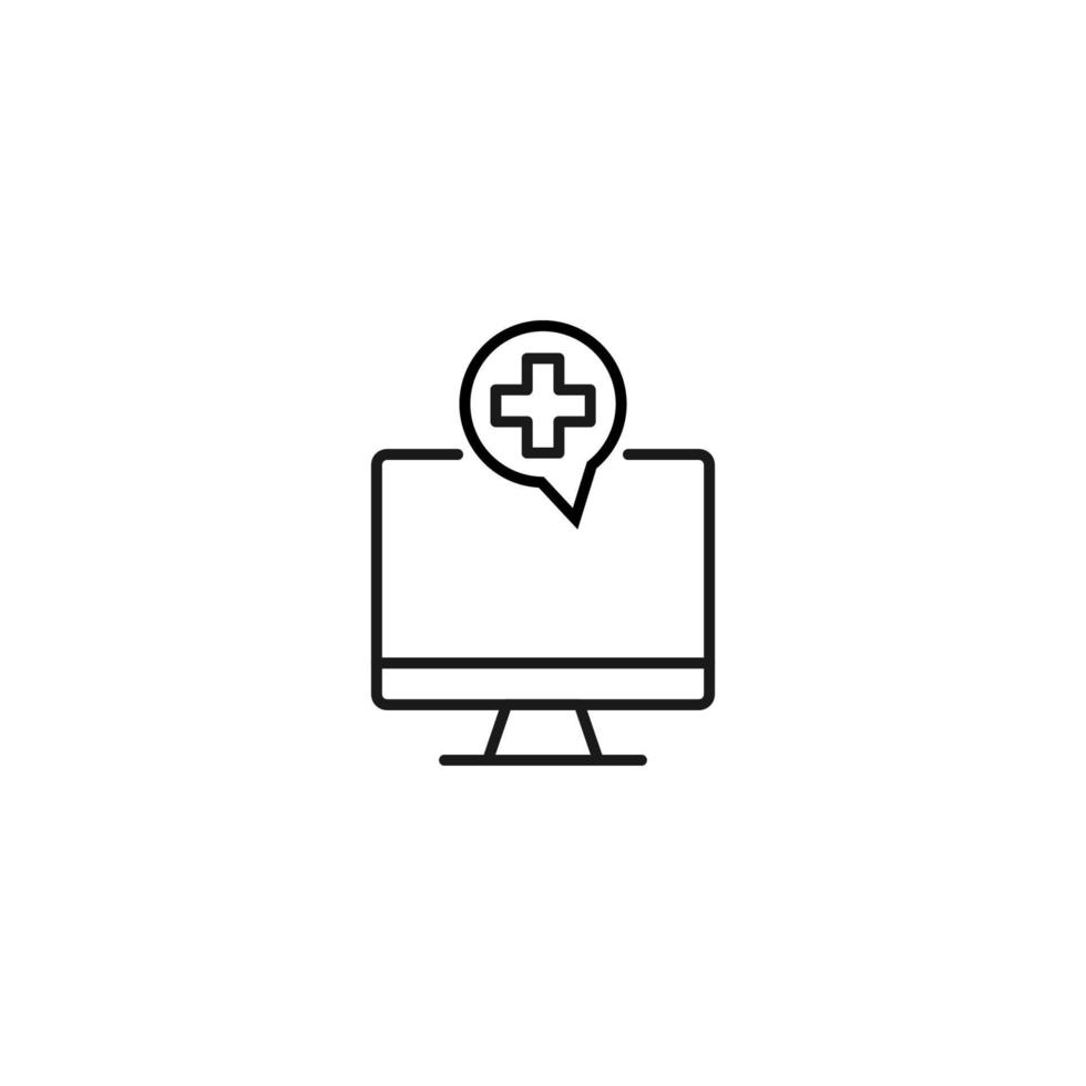 Item on pc monitor. Outline sign suitable for web sites, apps, stores etc. Editable stroke. Vector monochrome line icon of cross in speech bubble on computer monitor