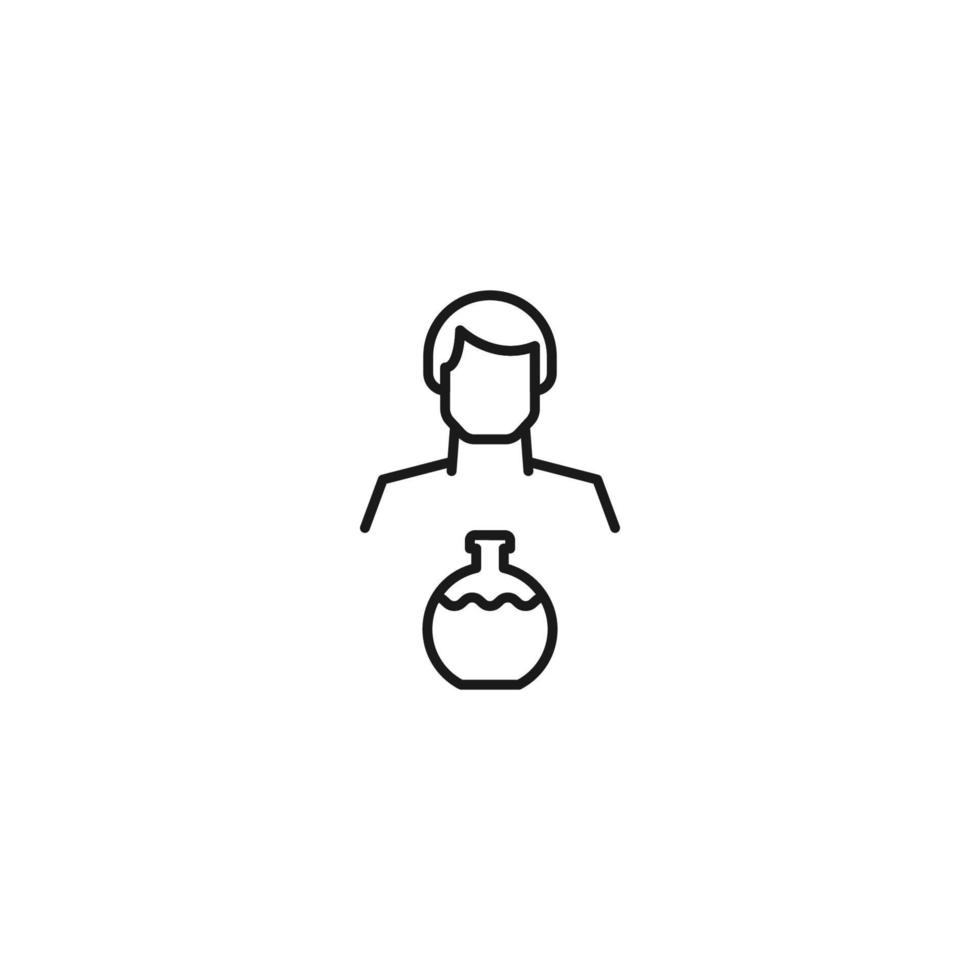 Monochrome sign drawn with black thin line. Modern vector symbol perfect for sites, apps, books, banners etc. Line icon of laboratory bulb next to faceless man