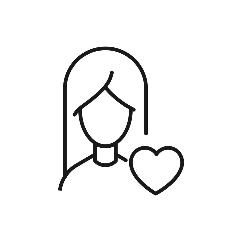 Profession, occupation, hobby of woman. Outline sign drawn with black thin line. Editable stroke. Vector monochrome line icon of heart by female