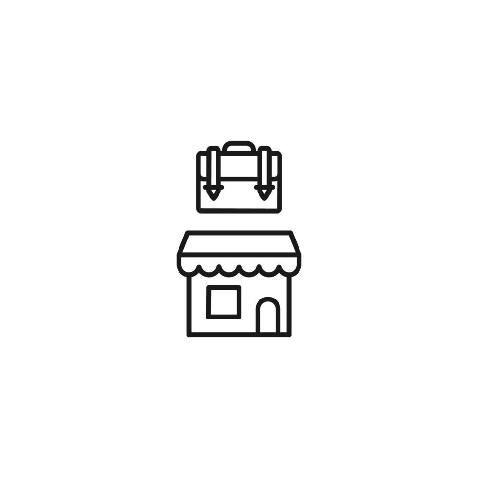 Store and shop concept. Outline sign suitable for web sites, stores, shops, internet, advertisement. Editable stroke drawn with thin line. Icon of backpack or suitcase for business over shop vector