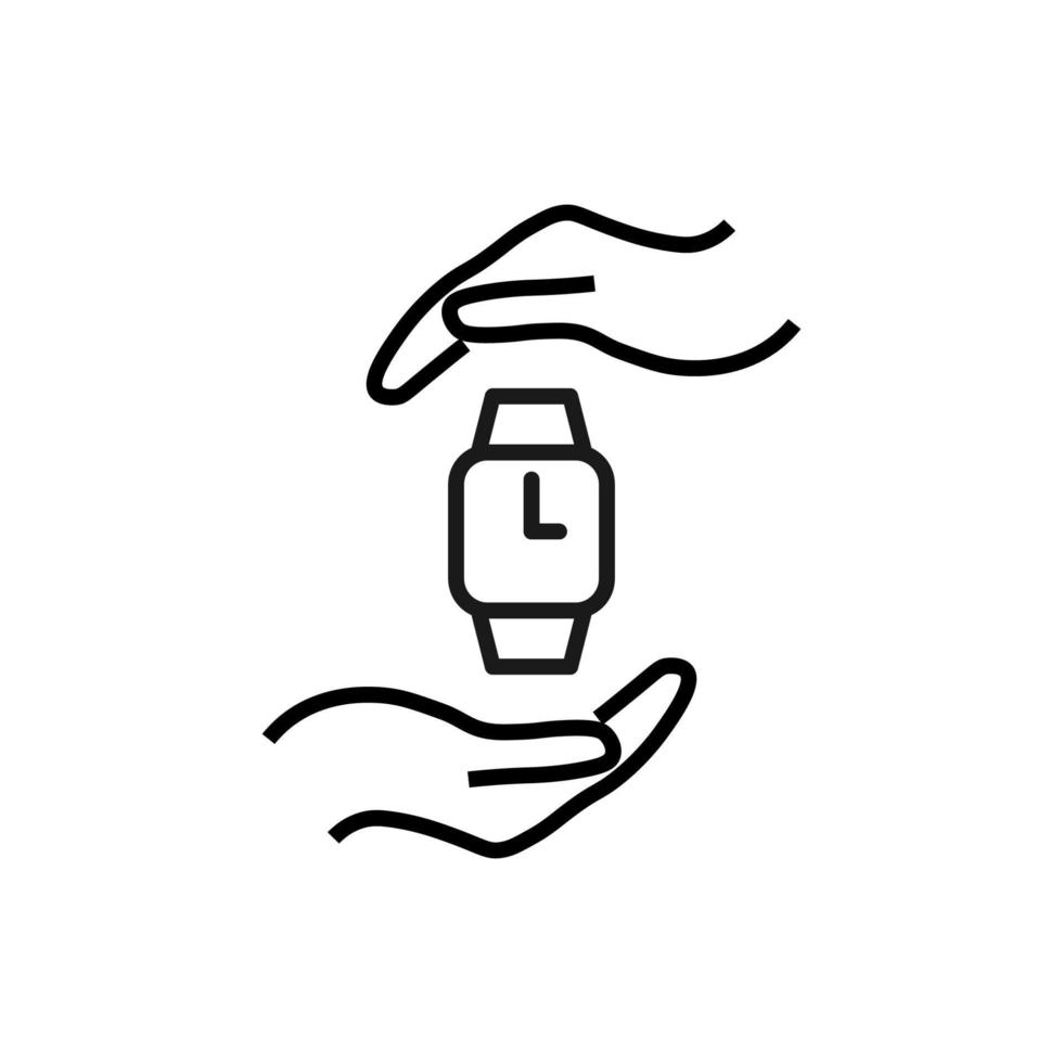 Support and gift signs. Minimalistic isolated vector image for web sites, shops, stores, adverts. Editable stroke. Vector line icon of wristwatch between outstretched hands