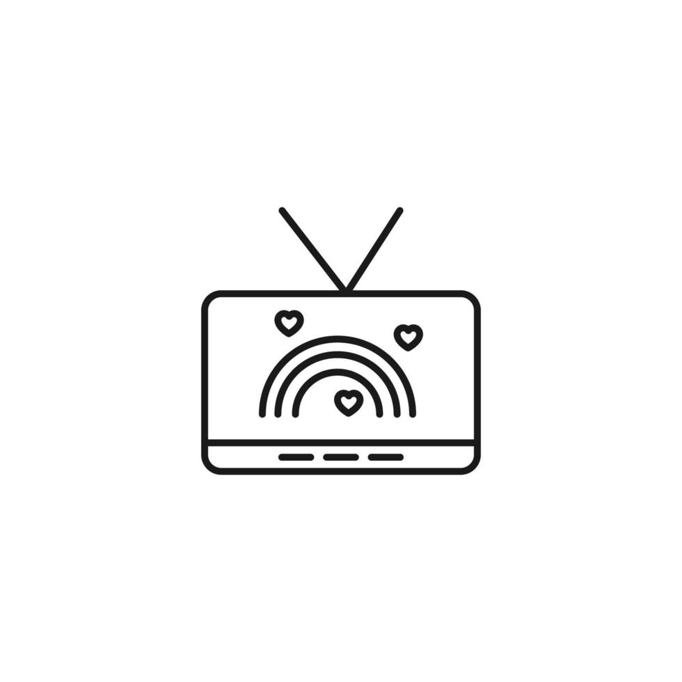 Television, tv set, tv show concept. Vector sign drawn in flat style. Suitable for sites, articles, books, apps. Editable stroke. Line icon of heart over rainbow on tv screen
